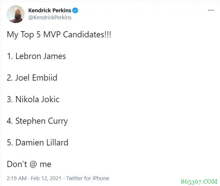 帕金斯列心目中MVP候选人top5：詹姆斯第一 库里第四