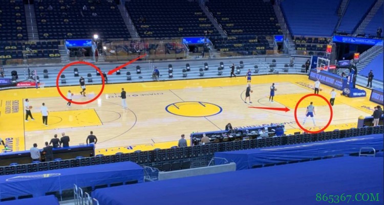 恍如昨日!杜兰特&库里正在各自半场进行热身投篮训练