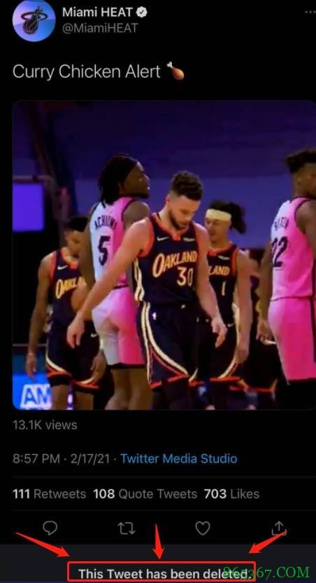 热火官推对阵勇士比赛期间发推:咖喱鸡警告 但现已删除
