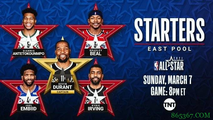 东部全明星首发：KD、字母哥、比尔、欧文和恩比德