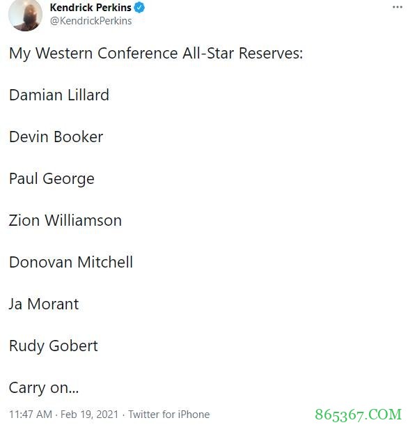 你怎么看？帕金斯分享自己东西部全明星替补名单