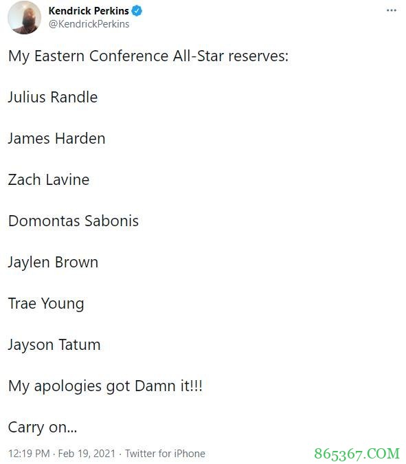 你怎么看？帕金斯分享自己东西部全明星替补名单