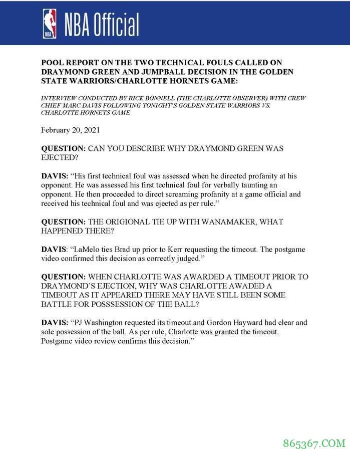 勇蜂战主裁：沃拉争球&追梦被逐&给黄蜂暂停均为正确吹罚