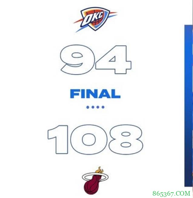 阿德巴约19+13 亚历山大27分 热火客场胜雷霆迎三连胜