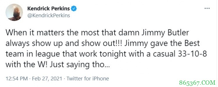 帕金斯赞巴特勒:每当重要时刻 他总能站出来打出优异表现