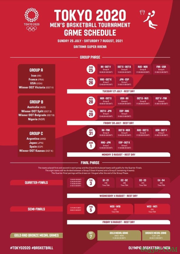 美国男篮奥运首战7月25日开打 NBA总决赛最晚23日结束
