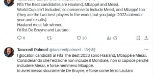 【大发体育】记者：梅西姆巴佩进入FIFA最佳候选是胡评，我会选德布劳内劳塔罗，大发助力你的致富之路！