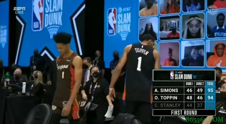 扣篮大赛:西蒙斯凭借“吻筐未遂”之扣 获3评委投票成功夺冠