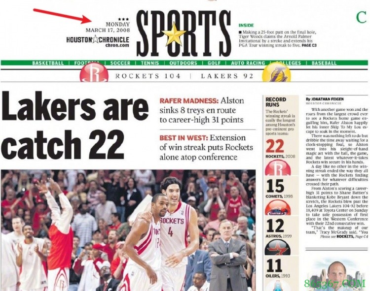 历史上的今天火箭胜湖人取22连胜 今日火箭负老鹰遭17连败