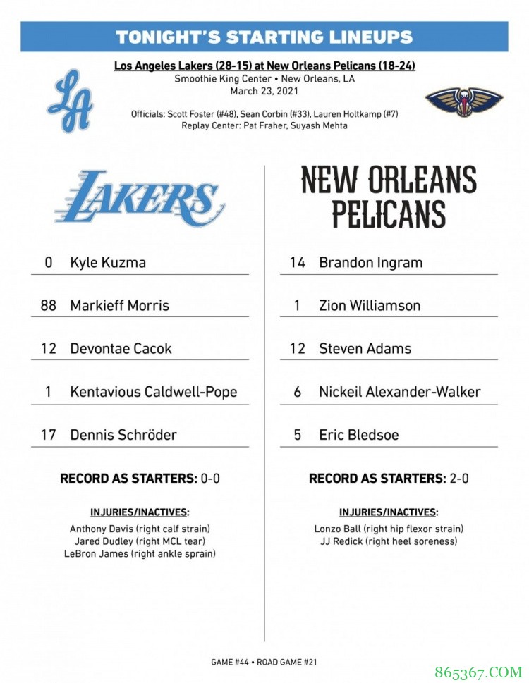 湖人vs鹈鹕首发：锡安莺歌出阵 卡考克生涯首次首发