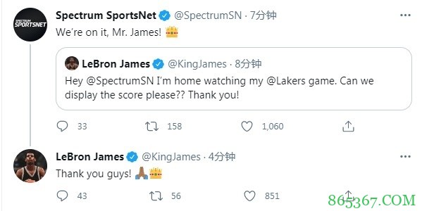 在家看球！詹姆斯@洛杉矶当地媒体：能显示比分吗？谢谢！