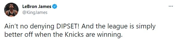 老詹更推：尼克斯赢球让联盟变得更好