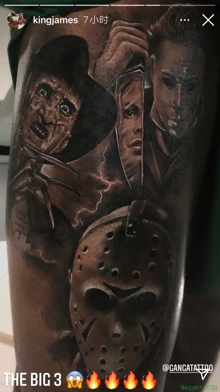 杀人狂上线！詹姆斯晒自己新纹身：恐怖片三巨头??