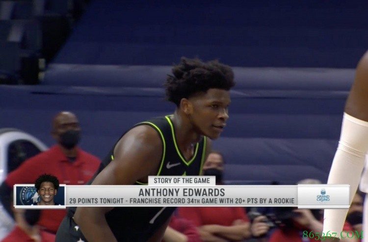 爱德华兹本赛季第34次砍下20+ 成森林狼队史新秀第一人