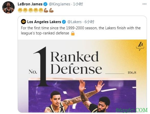 湖人防守效率联盟最佳21年来首次 詹姆斯转发:??