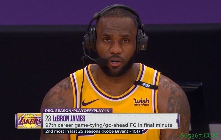 詹姆斯生涯97次最后1分钟轰进追平/反超球 过去25年仅次科比