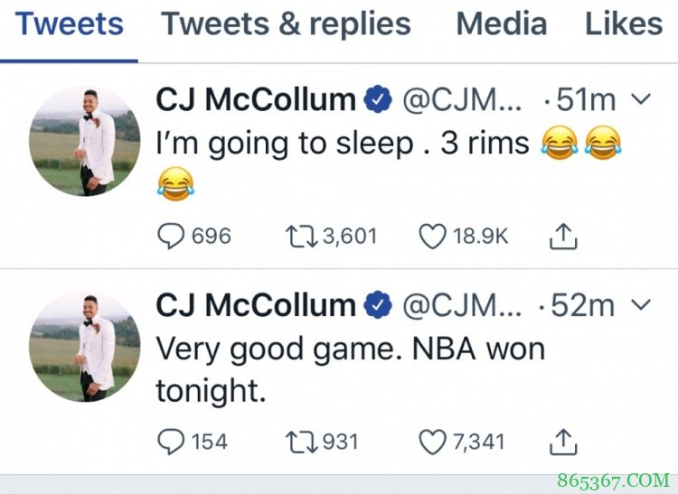 CJ:今晚是NBA赢了 我去睡觉了 三个篮筐? ? ?
