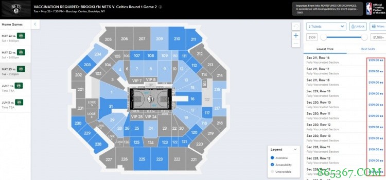 尼克斯球票最低1001美元已售光 篮网109美元起售仍有剩余