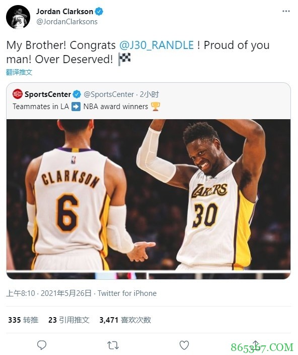 克拉克森兰德尔互相转推商业互吹：兄弟一起加油！