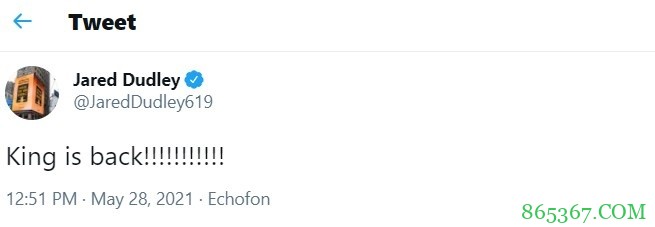 杜德利赛后发推:皇帝回来了!!!