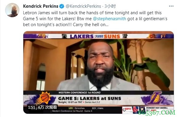 帕金斯：詹姆斯今晚会让时光倒流 为湖人拿下G5