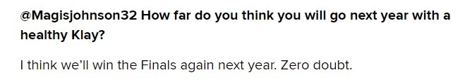 追梦：在拥有健康克莱的情况下 我们明年毫无疑问会再次夺冠