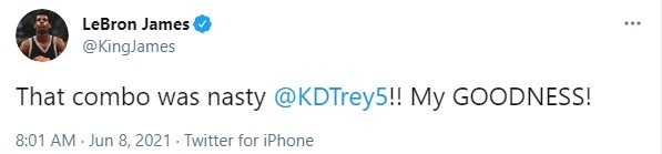 詹姆斯发推赞杜兰特:这套连续组合也太牛了
