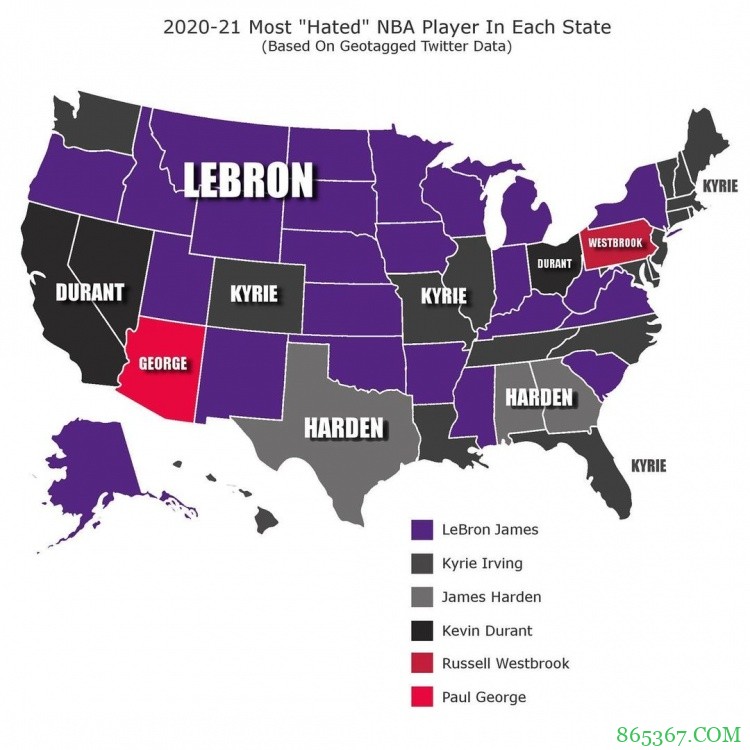 美国各州最讨厌的NBA球星:詹姆斯居首 篮网三巨头紧随其后