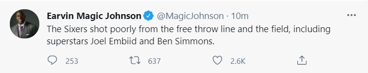 魔术师：76人今晚投篮和罚球都不好 包括他们的超巨恩比德&本西