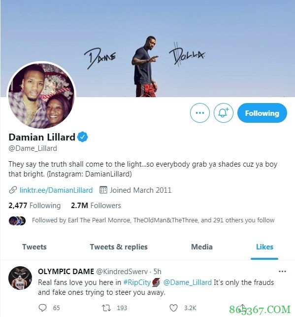 利拉德点赞网友推特:只有假球迷才想让你离开撕裂之城