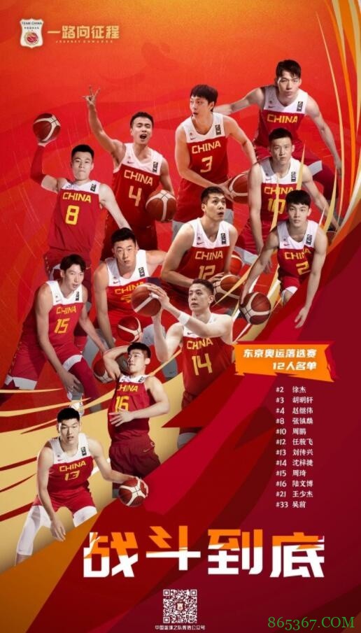 中国男篮奥运落选赛12人官方名单：周琦领衔