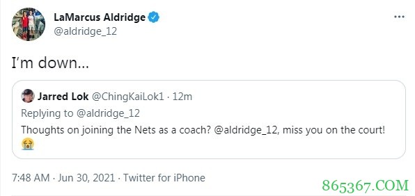 网友：加入篮网当教练怎么样？阿尔德里奇：我很乐意