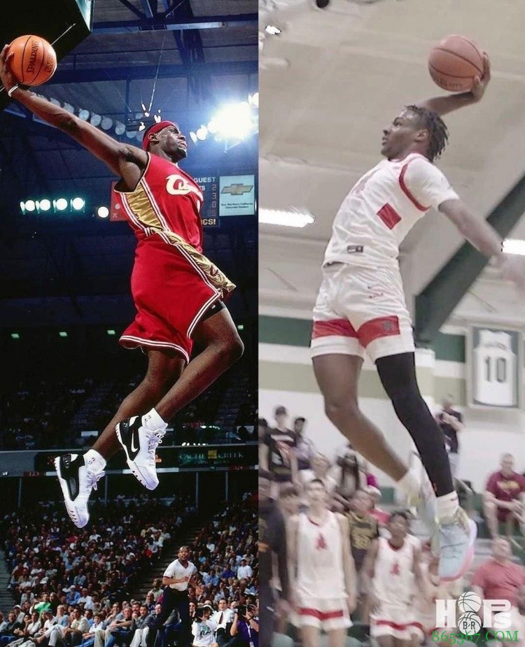 詹姆斯晒自己与布朗尼扣篮对比图：虎父无犬子