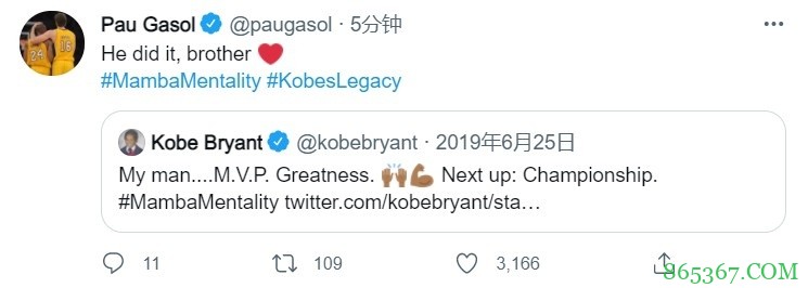 大加转推告慰科比:字母完成了你给他的挑战 兄弟❤