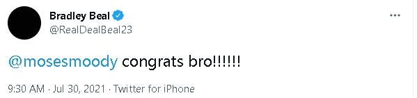 比尔发推祝贺摩西-穆迪：恭喜你 兄弟