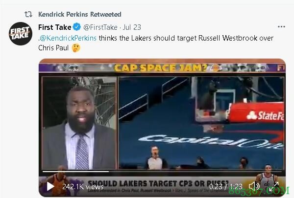 让他装到了!帕金斯7天前表示湖人应追求威少而非保罗