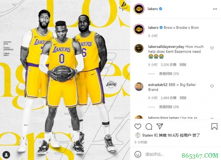 0号C位！湖人官方晒戴维斯&威少&詹姆斯合照