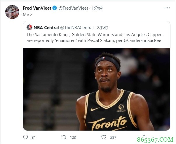 骚！范乔丹转发“多队对西亚卡姆着迷”报道：我也是