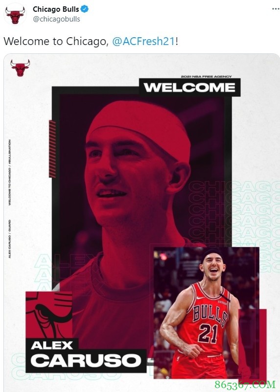 公牛官方：球队正式签下卡鲁索 新赛季将穿21号球衣