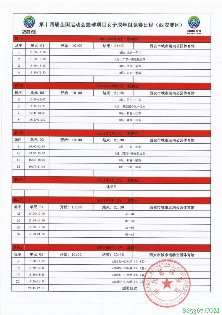 全运会篮球赛程公布：男篮揭幕战辽宁VS陕西 广东首战对阵山东