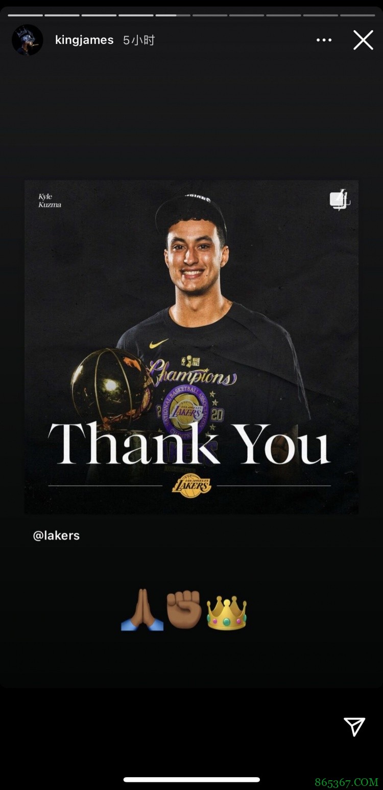 湖人官方晒照致谢九位离队成员 詹姆斯转发??✊??