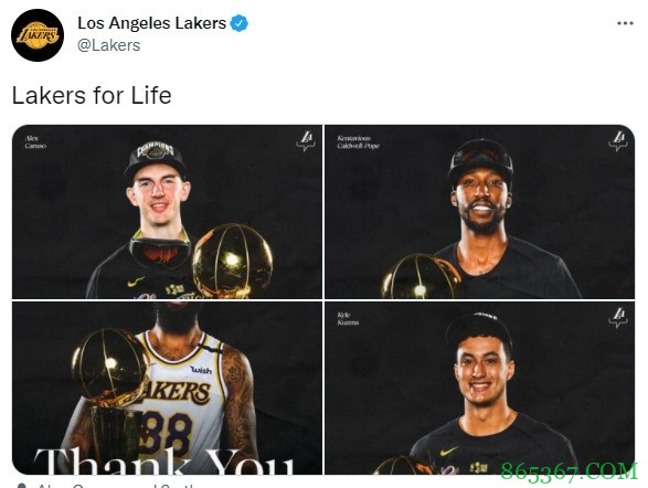 湖人官方晒照致谢九位离队成员 詹姆斯转发??✊??