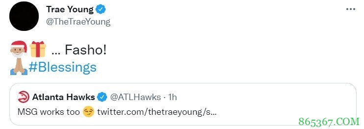 特雷-杨去年圣诞曾发推希望圣诞大战能早日来到亚特兰大