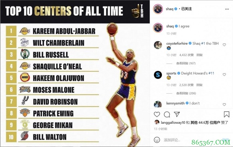 奥尼尔社媒晒出历史十大中锋排名图:我同意这个排名