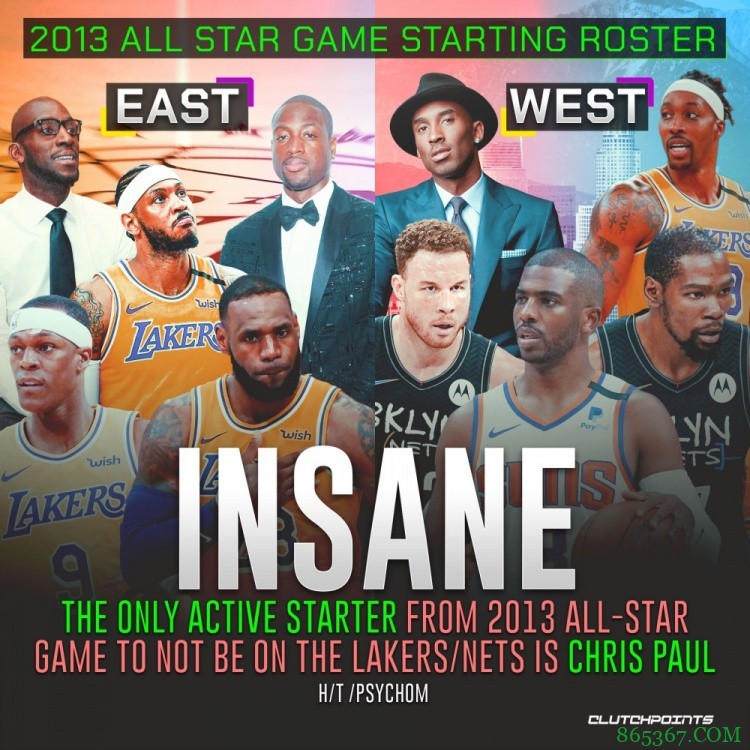 2013年全明星东西部首发10人:4湖人 2篮网 3退役 1保罗