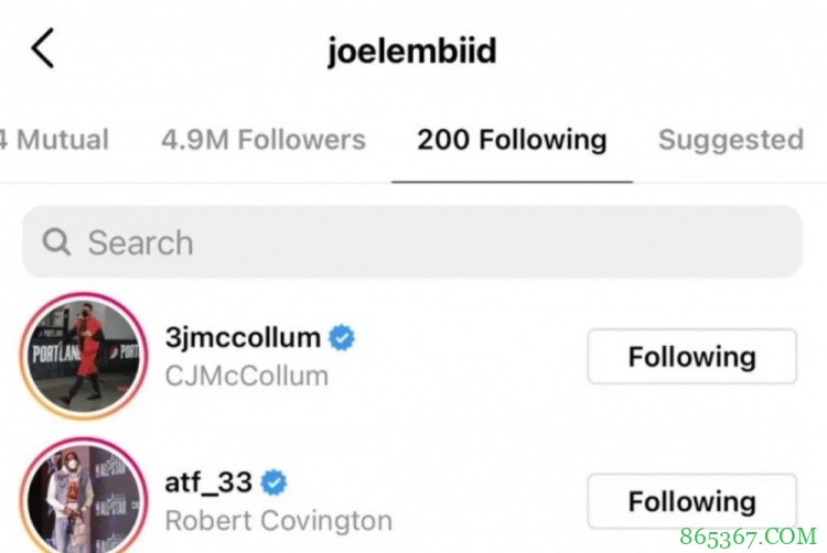 有了眉目?恩比德Ins关注CJ 本西则关注了利拉德