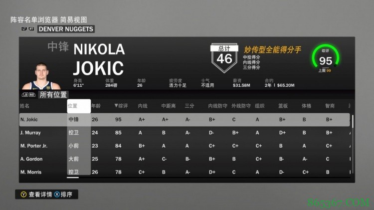 掘金球员2K能力值一览：约基奇95 穆雷85 小波特84