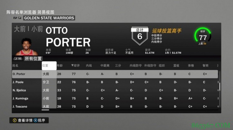 勇士全队能力值:库里96 克莱87 维金斯80 库明加75