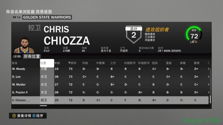 勇士全队能力值:库里96 克莱87 维金斯80 库明加75