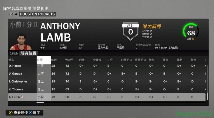 火箭全队能力值：沃尔&伍德83 杰伦-格林79 戈登78